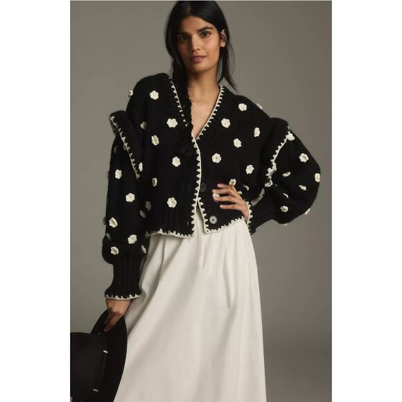 Anthropologie Farm Rio Flower Knit 3D Floral Cardigan Sweater Medium NEW - Picture 2 of 5